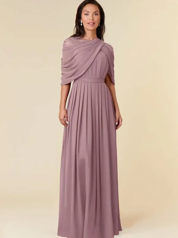 Robe de soirée pour mère de la mariée col bijou sans manches ligne a perles longueur au sol robes d'invitées de mariage