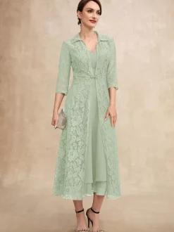 Robe de soirée pour mère de la mariée col en v demi-manches ligne a dentelle longueur thé robes d'invitées pour mariage