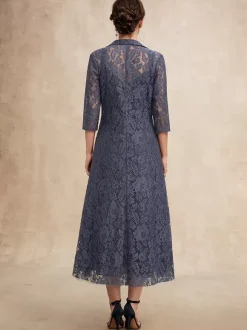 Robe de soirée pour mère de la mariée col en v demi-manches ligne a dentelle longueur thé robes d'invitées pour mariage