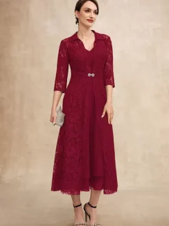 Robe de soirée pour mère de la mariée col en v demi-manches ligne a dentelle longueur thé robes d'invitées pour mariage