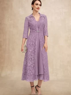 Robe de soirée pour mère de la mariée col en v demi-manches ligne a dentelle longueur thé robes d'invitées pour mariage