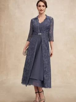 Robe de soirée pour mère de la mariée col en v demi-manches ligne a dentelle longueur thé robes d'invitées pour mariage
