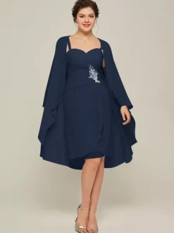 Robe de soirée pour mère de la mariée col en c艙ur manches longues ligne a en dentelle longueur aux genoux robes d'invitées pour mariage