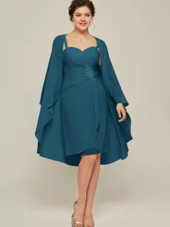 Robe de soirée pour mère de la mariée col en c艙ur manches longues ligne a en dentelle longueur aux genoux robes d'invitées pour mariage