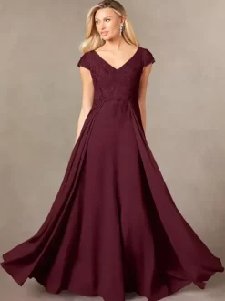 Robe de soirée pour mère de la mariée col en v manches courtes ligne a en dentelle longueur au sol robes d'invitées pour mariage