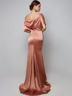 Robe de soirée pour mère de la mariée asymétrique épaule dénudée manches courtes robes d'invitées trapèze pour mariage