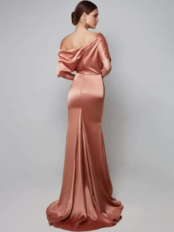 Robe de soirée pour mère de la mariée asymétrique épaule dénudée manches courtes robes d'invitées trapèze pour mariage