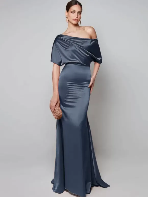 Robe de soirée pour mère de la mariée asymétrique épaule dénudée manches courtes robes d'invitées trapèze pour mariage