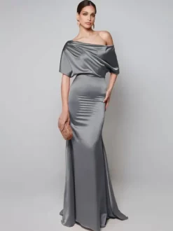 Robe de soirée pour mère de la mariée asymétrique épaule dénudée manches courtes robes d'invitées trapèze pour mariage