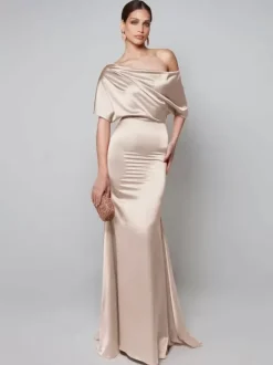 Robe de soirée pour mère de la mariée asymétrique épaule dénudée manches courtes robes d'invitées trapèze pour mariage