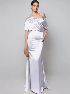 Robe de soirée pour mère de la mariée asymétrique épaule dénudée manches courtes robes d'invitées trapèze pour mariage