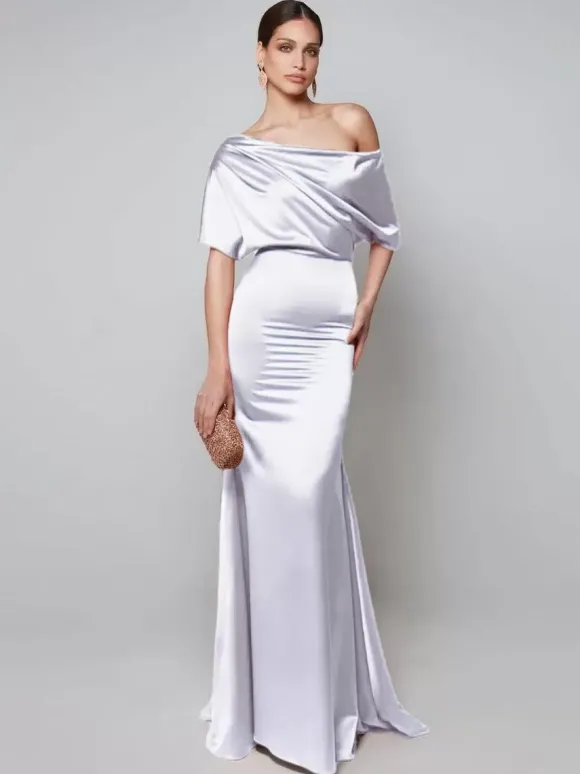 Robe de soirée pour mère de la mariée asymétrique épaule dénudée manches courtes robes d'invitées trapèze pour mariage