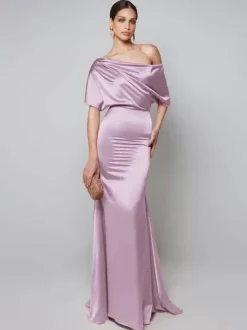 Robe de soirée pour mère de la mariée asymétrique épaule dénudée manches courtes robes d'invitées trapèze pour mariage