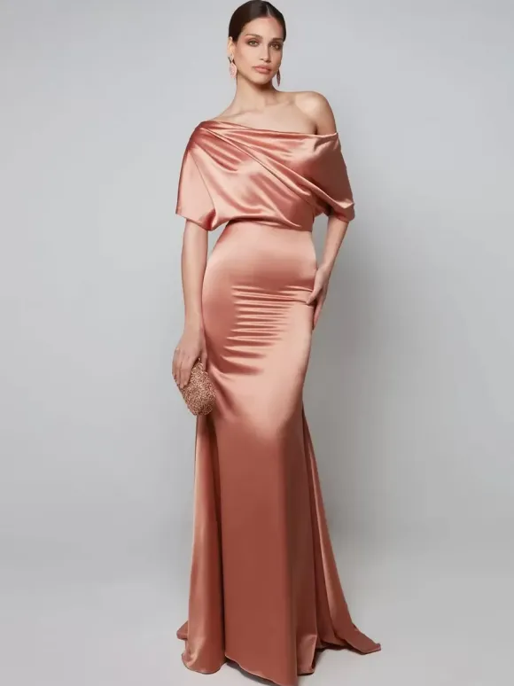 Robe de soirée pour mère de la mariée asymétrique épaule dénudée manches courtes robes d'invitées trapèze pour mariage