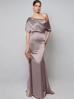 Robe de soirée pour mère de la mariée asymétrique épaule dénudée manches courtes robes d'invitées trapèze pour mariage