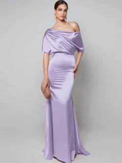Robe de soirée pour mère de la mariée asymétrique épaule dénudée manches courtes robes d'invitées trapèze pour mariage