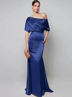 Robe de soirée pour mère de la mariée asymétrique épaule dénudée manches courtes robes d'invitées trapèze pour mariage