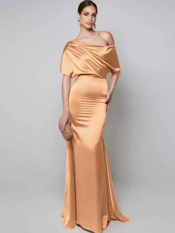 Robe de soirée pour mère de la mariée asymétrique épaule dénudée manches courtes robes d'invitées trapèze pour mariage