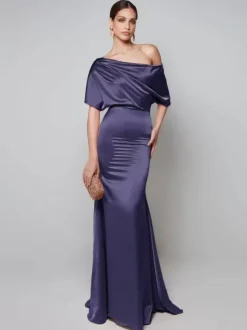 Robe de soirée pour mère de la mariée asymétrique épaule dénudée manches courtes robes d'invitées trapèze pour mariage