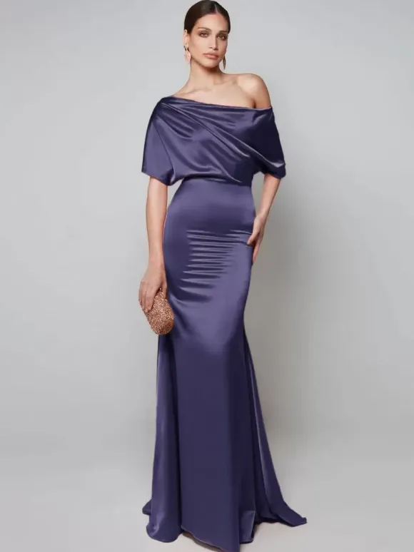 Robe de soirée pour mère de la mariée asymétrique épaule dénudée manches courtes robes d'invitées trapèze pour mariage