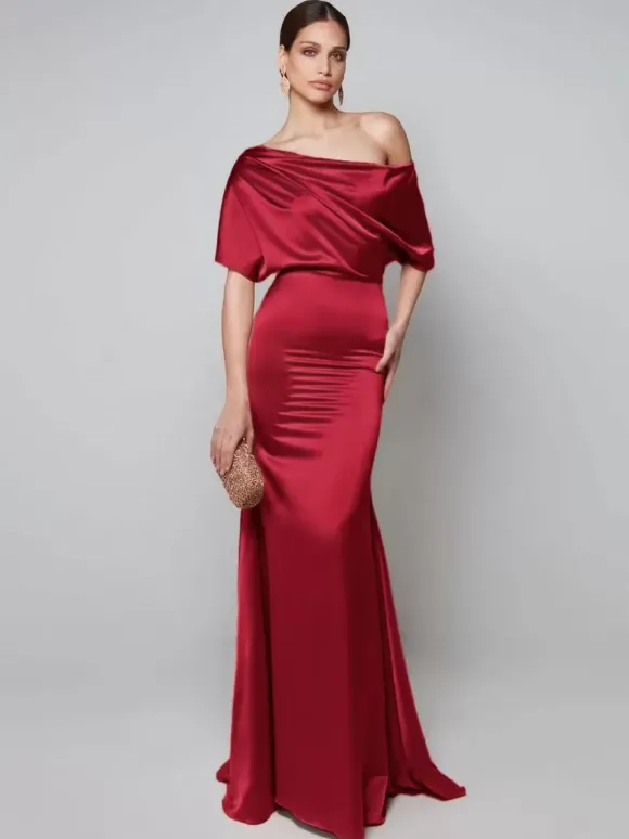 Robe de soirée pour mère de la mariée asymétrique épaule dénudée manches courtes robes d'invitées trapèze pour mariage
