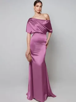 Robe de soirée pour mère de la mariée asymétrique épaule dénudée manches courtes robes d'invitées trapèze pour mariage