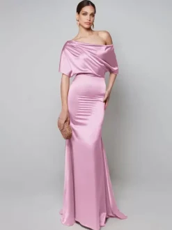Robe de soirée pour mère de la mariée asymétrique épaule dénudée manches courtes robes d'invitées trapèze pour mariage