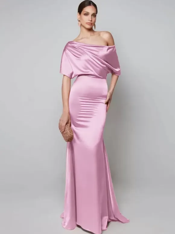 Robe de soirée pour mère de la mariée asymétrique épaule dénudée manches courtes robes d'invitées trapèze pour mariage