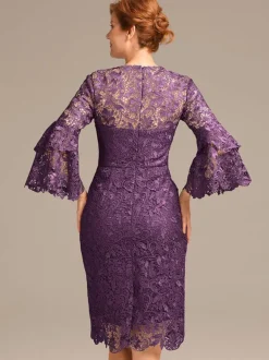 Robe de soirée pour mère de la mariée col bijou manches 3/4 courte en dentelle longueur aux genoux robes d'invitées pour mariage