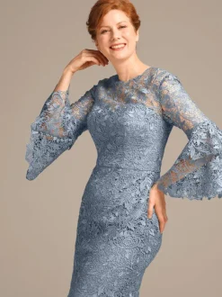Robe de soirée pour mère de la mariée col bijou manches 3/4 courte en dentelle longueur aux genoux robes d'invitées pour mariage