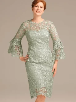 Robe de soirée pour mère de la mariée col bijou manches 3/4 courte en dentelle longueur aux genoux robes d'invitées pour mariage