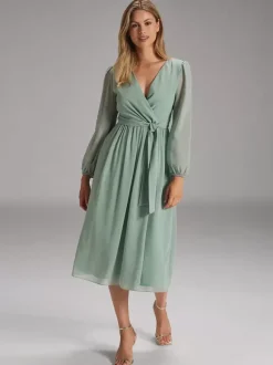 Robe de soirée pour mère de la mariée col en v manches longues ligne a n艙uds robes d'invitées pour mariage