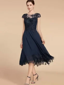 Robe de soirée pour mère de la mariée col en bijou manches cape dentelle ligne a longueur thé robes d'invitées de mariage