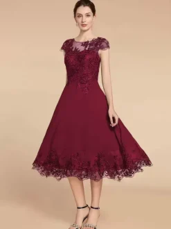 Robe de soirée pour mère de la mariée col en bijou manches cape dentelle ligne a longueur thé robes d'invitées de mariage