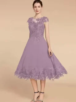 Robe de soirée pour mère de la mariée col en bijou manches cape dentelle ligne a longueur thé robes d'invitées de mariage