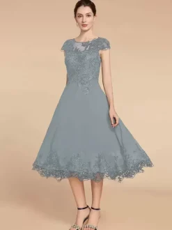 Robe de soirée pour mère de la mariée col en bijou manches cape dentelle ligne a longueur thé robes d'invitées de mariage
