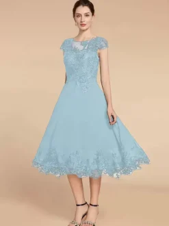 Robe de soirée pour mère de la mariée col en bijou manches cape dentelle ligne a longueur thé robes d'invitées de mariage