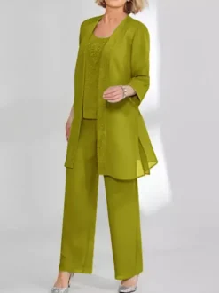 Robe de soirée pour mère de la mariée deux pièces en dentelle sans manches col bijou longueur cheville robes d'invitées pour mariage