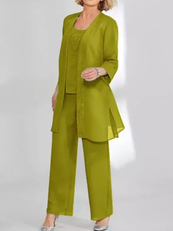 Robe de soirée pour mère de la mariée deux pièces en dentelle sans manches col bijou longueur cheville robes d'invitées pour mariage