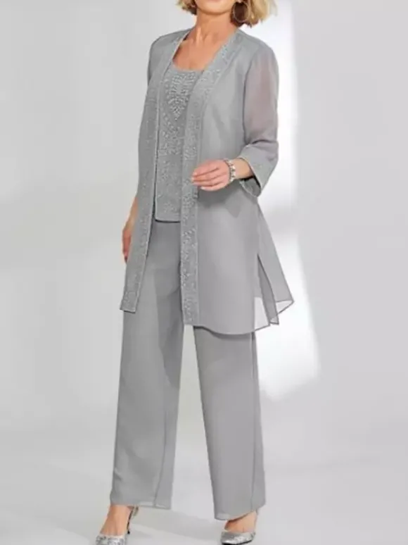 Robe de soirée pour mère de la mariée deux pièces en dentelle sans manches col bijou longueur cheville robes d'invitées pour mariage