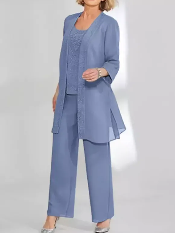 Robe de soirée pour mère de la mariée deux pièces en dentelle sans manches col bijou longueur cheville robes d'invitées pour mariage