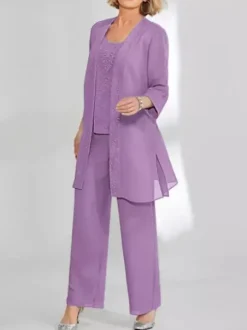 Robe de soirée pour mère de la mariée deux pièces en dentelle sans manches col bijou longueur cheville robes d'invitées pour mariage
