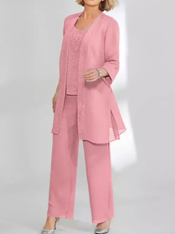 Robe de soirée pour mère de la mariée deux pièces en dentelle sans manches col bijou longueur cheville robes d'invitées pour mariage