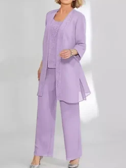 Robe de soirée pour mère de la mariée deux pièces en dentelle sans manches col bijou longueur cheville robes d'invitées pour mariage