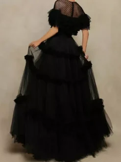 Robe de soirée princesse coupe princesse col bijou tulle longueur au sol à volants robes de soirée formelles