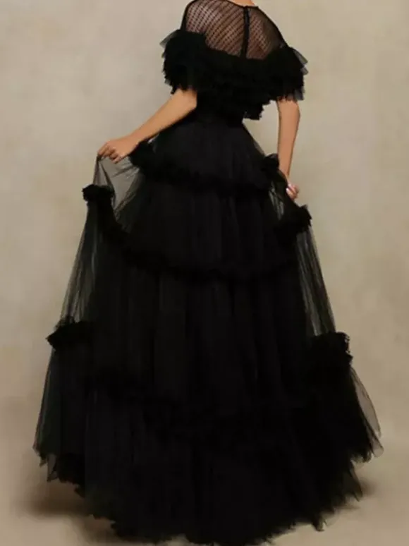 Robe de soirée princesse coupe princesse col bijou tulle longueur au sol à volants robes de soirée formelles