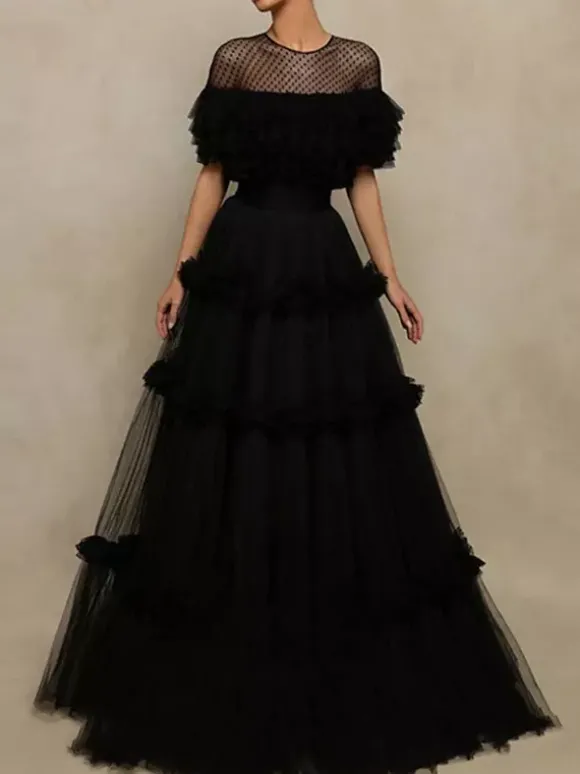 Robe de soirée princesse coupe princesse col bijou tulle longueur au sol à volants robes de soirée formelles