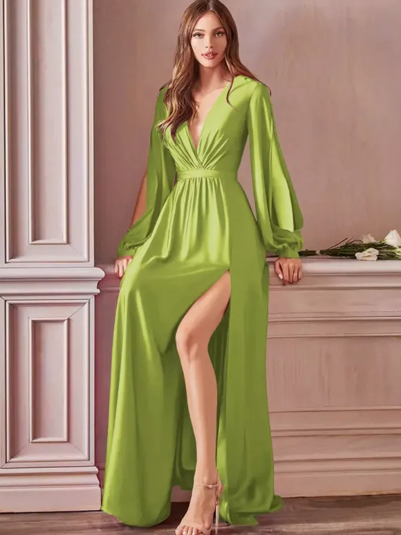 Robe de soirée robe cocktail mariage en satin strech col V manche longue jupe fendue au sol