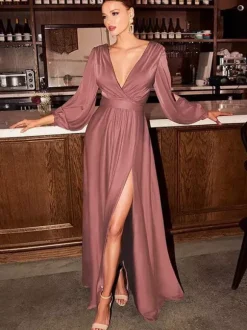 Robe de soirée robe cocktail mariage en satin strech col V manche longue jupe fendue au sol