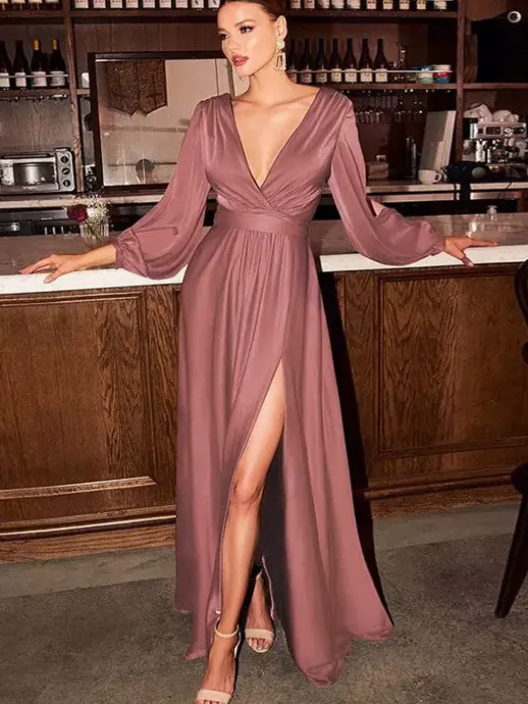 Robe de soirée robe cocktail mariage en satin strech col V manche longue jupe fendue au sol